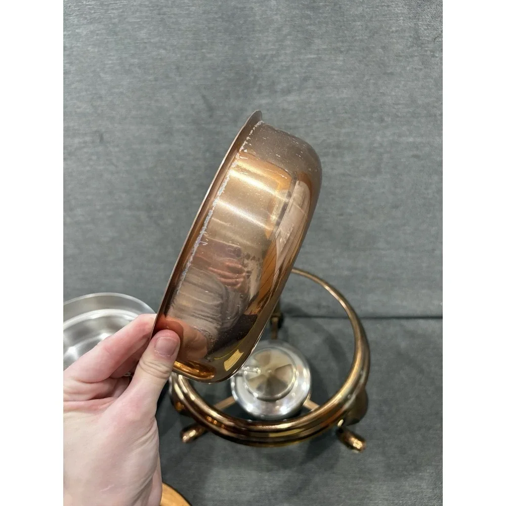 Large Copper Solid Brass Vintage Pan Dish Heavy Chafing Fondue Pot & Pasta 9